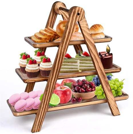Exogio Premium Servier-Ständer 3 Etagen, Obst Etagere Tortenständer, Cupcake Ständer, Akazienholz Etagere 3 Etagen für Aufbewahrung Muffins und Cupcakes Süßigkeiten Candy-Bar