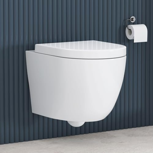 Wall Hung Rimless Toilet Short Projection 360mm Gloss White Round Pan Modern Bathroom Style & Soft Close Seat – Compact Fit (Elva).