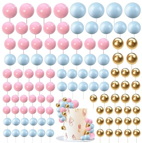 Ball Cake Topper Decorations, 108 PCS Round Ball Cake Toppers, Baking Cake Decorations, DIY Insert Topper Insert Decoration for Wedding Party Birthday Decorating(Pink, Blue, Gold)