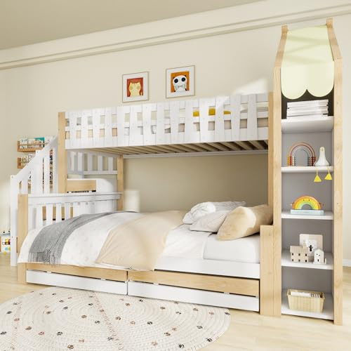 GYNGTLC Scaletta per la casa, letto a castello, 90 x 200 cm + 140 x 200 cm, 2 cassetti, recinzione irregolare, senza materasso, bianco e naturale