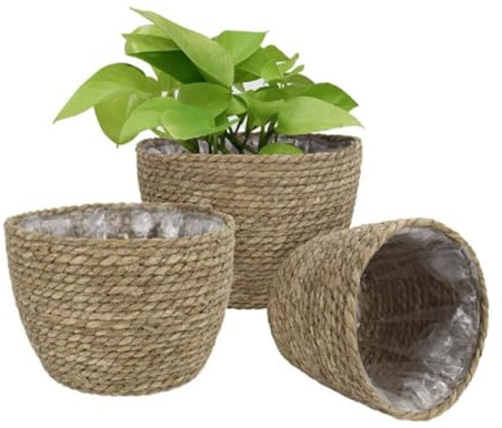 SMELEYOU Vaso per piante in tessuto Cesto per fioriera in alghe Cesto per fioriera naturale Contenitore per per decorazioni per la casa 3 pezzi