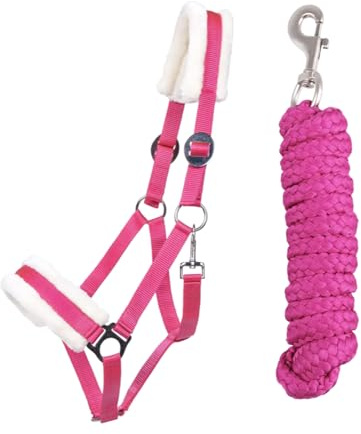 JA Horse JA4003 Comfort Halfter Set Karabinerhaken, Fuchsia, Full | Comfort Pferdehalfter mit Kunstfell Führstrick Set, verstellbar mit Karabinerhaken für Pferd Holzpferd