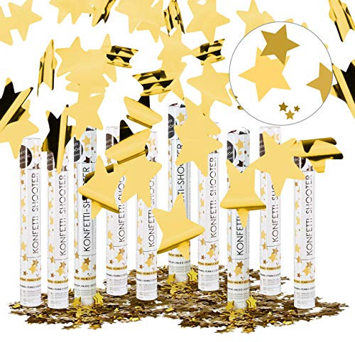 Relaxdays Set da 10 Cannoni Spara-Coriandoli, 40 cm, Stelle, Oro, Gittata 6-8 m, Matrimoni, Compleanno, Carnevale