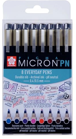 SAKURA Pigma Micron PN Set - 8 Farben - Hochwertige Pigmenttinten-Stifte zum Zeichnen, Journaling & Schreiben