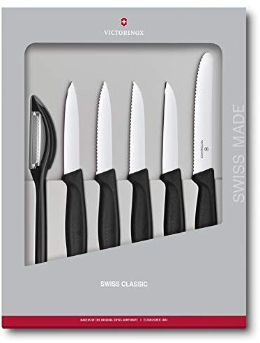 Victorinox Swiss Classic, Küchenmesser Set, 6teilig, Gemüse-, Tomaten- und Frühstücksmesser und Schäler, Robuster Kunststoffgriff, Rostfreier Stahl, Schwarz
