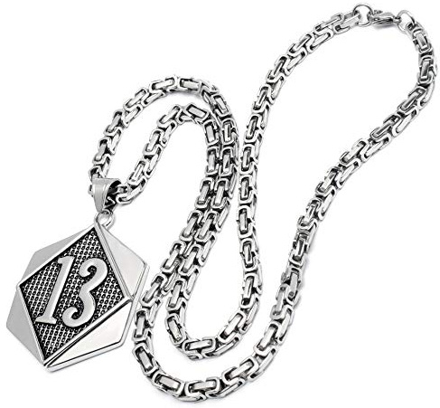 Schmuck-Checker XL Glückszahl Lucky 13 Dreizehn-Anhänger aus massivem Edelstahl Silber Königskette Bikerschmuck Rockerschmuck Männerschmuck Geschenk Glücksbringer