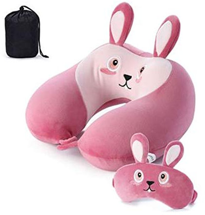GLITZFAS Memory Foam Reisekissen Kinder Nackenkissen Niedliche Tierform Nackenhörnchen Kopfstütze Baby Reise Schlafkissen mit Augenabdeckung Aufbewahrungstasche (Hase)