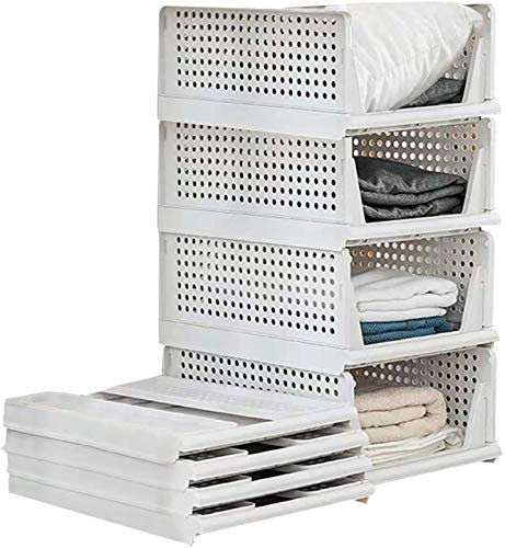 Set mit 4 stapelbaren faltbaren Kleiderschrank-Aufbewahrungsboxen Kunststoff-Kleiderschrankregale Schrank-Organizer-Box herausziehbar wie eine Schublade geeignet für Zuhause Schlafzimmer Küche