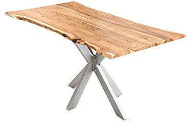 SAM Esszimmertisch 200x100cm Lyon, echte Baumkante, Akazienholz naturfarben, massiver Baumkantentisch mit Spider-Gestell Silber, Esstisch im Industrial-Design