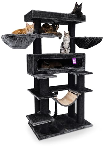 Petrebels XXL Kratzbaum Grosse Katzen Stabil Lookout 198 cm, Schwarz | für Maine Coon & große Katzen, Ø 15 cm dicke Stämme, mit XL Hängematten, Schlafhöhle, Loungesofa & extra dicke Bodenplatte