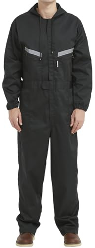 Yukirtiq Men's Workwear Hooded Boilersuit Coverall with Multi Pockets, Heavy Duty Polycotton Overall Trousers Mechanics Boiler Suit with Reflective Tape, Black, M