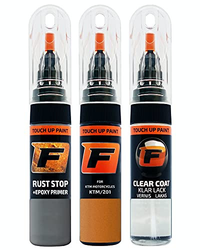 FIRANTO Kit Riparazione Vernice Auto per KTM Motorcycles KTM/201 Orange - Set rimuovi Graffi per Vernice Auto 3in1-15ml Primer, Pennarello ritocchi Vernice, Vernice lucidante