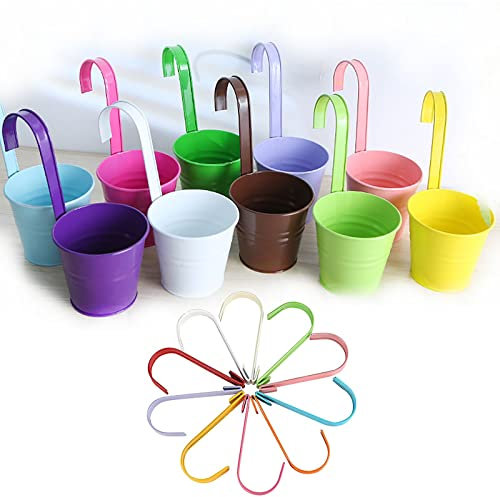 WKLSSRH 10 Stück Metall Blumentopf Hängend Set Eimer Blumentöpfe zum Aufhängen in Bunten Farben mit Stabilem Haken für Balkon Garten