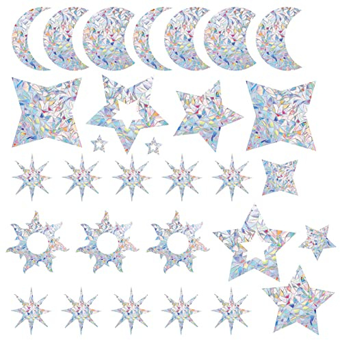 GORGECRAFT 30PCS Moon Star Window Clings Anti Collision Rainbow Window Glass Alert Prism Decals for Birds Strike Non Adhesive Vinyl Film Home Decorations Sliding Doors Windows Glass Suncatcher