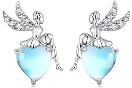 Pendientes de Piedra Lunar para Niña - Qings Plata de Ley 925 Pendiente de Hada Aretes Corazon Brillantes Arcoiris Circonita Joyería Regalos de Cumpleaños para Mujeres Hija