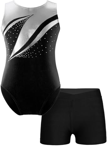 Freebily Maillot de Gimnasia Deportiva para Niña Maillot Leotardo sin Manga con Leggings Cortos Brillante Body Elástico Mono de Danza Gimnasia Rítmica Patinaje E Negro 9-10 años