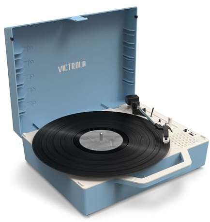 Victrola Re-Spin Nachhaltiger Koffer-Plattenspieler Mit 3 Geschwindigkeiten, Bluetooth, Bassradiator & 3,5-mm-Kopfhöreranschluss (Hellblau)