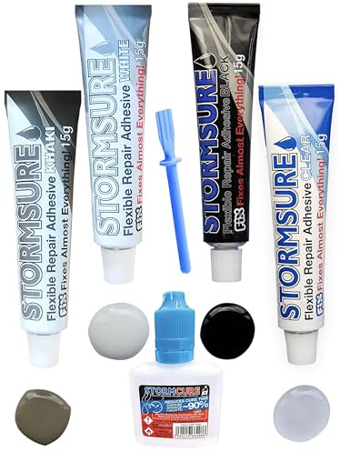 Stormsure Snabbtorkande Flexibelt Reparationslim Kit - 4 Färger + 30ml Stormcure - Transparent, Svart, Khaki, Vit