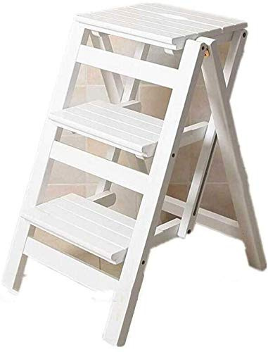 ZAANU Solid Wood Step Ladder Folding 3 Tier Household Stepper Portable Step Ladder Chair Bench Seat Flower Stand Utility (color : Brown) (Wood Color) (White)