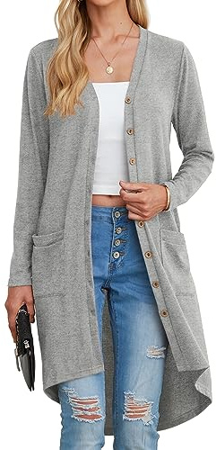 GRECERELLE Cardigan da donna lungo cardigan elegante sottile a coste maniche lunghe con bottoni e tasche, grigio, S