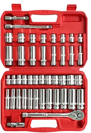 EACELIY 44pcs 3/8 Drive Impact Socket Set,Drive Master Socket Set,SAE/Metric, Deep & Shallow with 3/8 Drive Head Ratchet,Universal Joint,Extension bar (3” & 6”),6 Point,CR-V Steel，Mirror Chrome