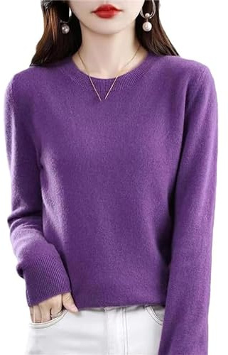100% Cachemir Manga Larga Cuello Redondo Suave cálido Jersey de Punto Jerseys Mujeres (S,Dark Purple)