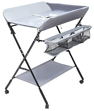 WOLEGM Baby Wickelkombi, Klappbare Wickelkommode, Mobiler Wickeltisch mit Rad, Sicherheitsgurt und Ablagefächern, Platzsparend & Stabil (Grau B)