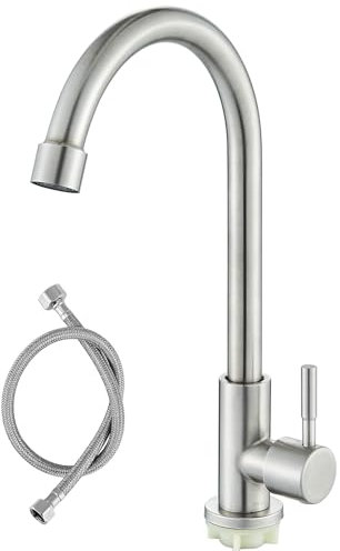 HUAHOMDY Kaltwasserhahn Wasserhahn Küche Edelstahl 360° schwenkbarnur Kaltwass Edelstahl Einhebelmischer mit 60cm Anschlussschläuchen Küchenarmatur für Kücheund Garten Gebürstetes Nickel