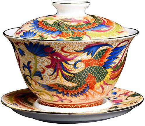 CTRSM Chinesische Teetassen, Traditionelle chinesische Gaiwan, Kungfu-Teeschale, chinesische Keramik Phoenix Gaiwan Tee-Set, Teetasse, Schüssel, verheißungsvolle Teeterrine, Heimdekoration