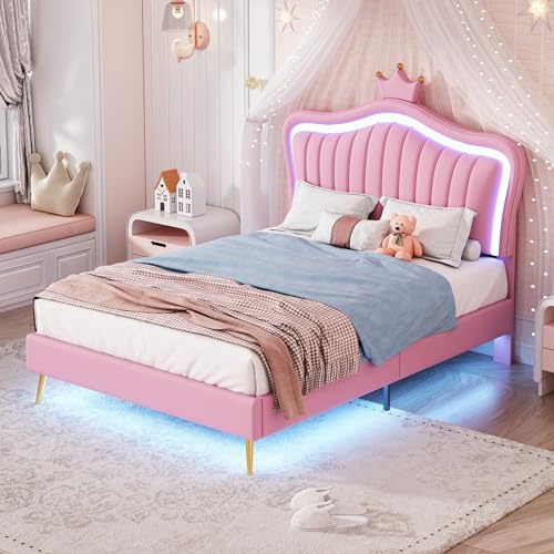 Kayan Kinderbett Polsterbett 90x200cm, Bettgestell für Mädchen, mit verstellbares Kopfteil, LED-Kronen-bettgestell aus PU-Leder mit Lattenrost und Rückenlehne, ohne Matratze (Rosa, 90 x 200 cm)