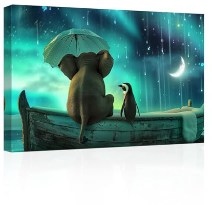 LZIMU Elephant Canvas Wall Art Northern Lights Wall Decor Elephant Holding Umbrella Sitting on Boat with Penguin Pictures Prints Aurora Scenery Decor (16.00x24.00)