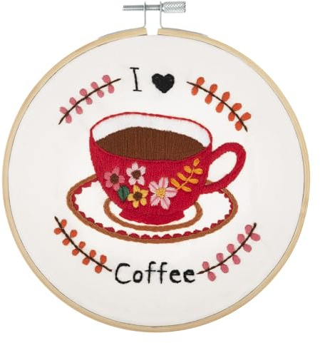 Trimits Sticksets - 15 cm (6 Zoll) Stickset, Kreuzstich-Sets für Erwachsene, Starter-Set mit Bambus-Rahmen, Stoff, Fäden, Nadel und Rückseite - Ich liebe Kaffee