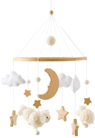 Holzstern Mond Schaf Bettglocke, Baby Bettchen Schlafen Spielzeug Bettglocke, für Babybett Kinderbett (Beige)