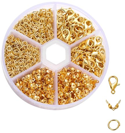 570Pcs Armband Verschlüsse Set,Perlen Verschlüsse,Schmuckverschlüsse,Gold | Verschlüsse für Armbänder,Kettenverschluss,Biegeringe Karabinerverschluss und Crimpenden,für DIY Schmuck Basteln