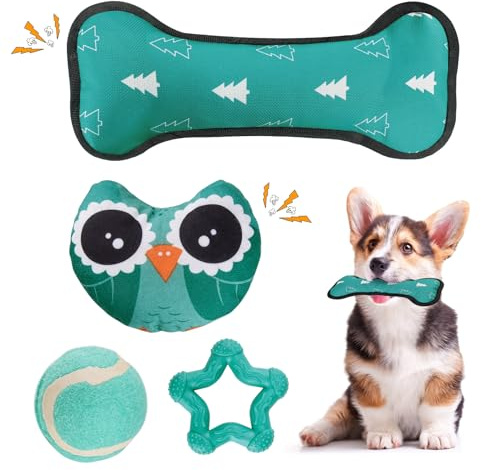 LIFLIX Hundespielzeug Kleine Hunde - 4 Stück Welpenspielzeug Kleine Welpen - Interaktives Kauspielzeug Hundeball und Quietschspielzeug- Eulen Form
