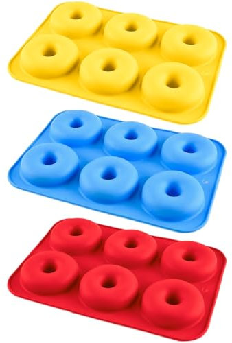 Bakee UK Moule à beignet en silicone anti-adhésif réutilisable pour utilisation au four, facile à démouler (rouge, jaune, bleu)