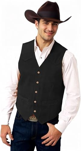 Elionm Mens Suede Leather Vest Black Cowboy Suit Vests for Men Western Outfit Men's Waistcoat XL