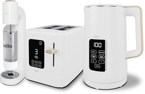 White 800W 2 Slice Toaster, 1.7L 3000W Digital Kettle, Sparkling Water and Soda Maker | Digital Control Panel with Countdown Timer, BPA-Free Auto Shut-off Electric Temperature Control Kettle
