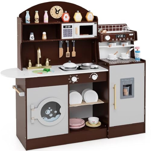 GYMAX Kids Play Kitchen, Wooden Toy Kitchen with Stoves, Microwave, Washing Machine, Ice Maker, Coffee Maker, Sink and Cookware Accessories, Pretend Children Kitchen for 3+ Years Old (Brown)