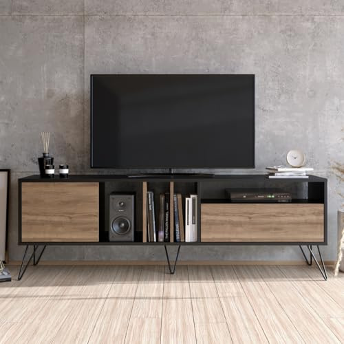 CONCEPT USINE | Meuble TV Industriel Baylee 180 cm | Design Bois Noyer et Noir | 6 Espaces de Rangement | 2 Portes avec Étagères | Structure Mélaminée Robuste | Élégant et Pratique pour Coin Télé