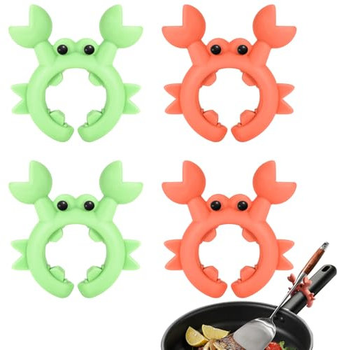 EXEXIUO Lot de 4 porte-cuillères à crabe en silicone anti-brûlure - Support de spatule à crabe mignon - Repose-ustensiles de cuisine réglable - Gadget créatif de cuisine - Rouge vert