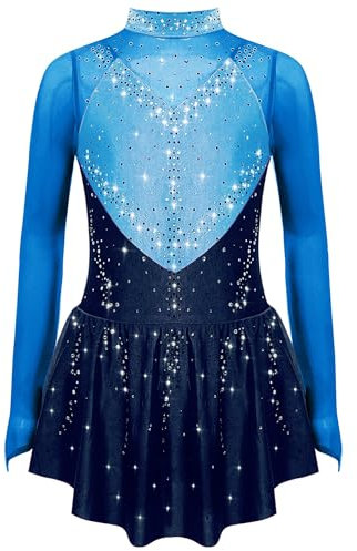 CHICTRY Eislaufkleid Kinder Mädchen Langarm Tanzkleid Glitzersteine Rollkunstlauf Kleid Stehkragen Ballettanzug Turnanzug Mit Wickelrock Dancewear Blau 122-128