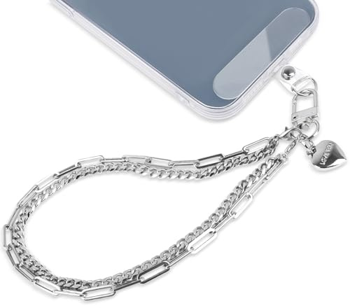 AULEEP Phone Chain Wristlet Strap,Double Metal Phone Charm with Tether Tab,Detachable Cellphone Wrist Strap Universal Silver Hands-free Anti Theft Hand Chain