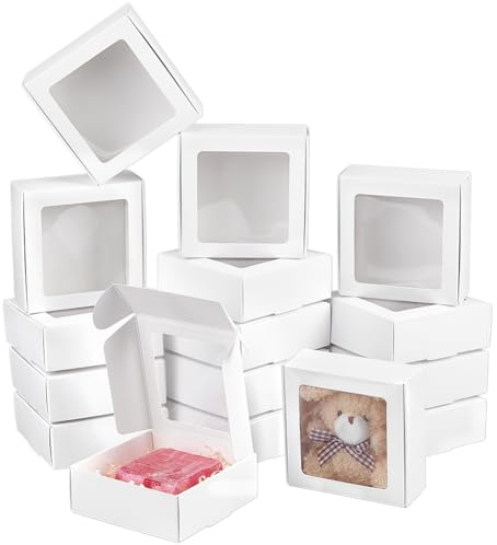 BENECREAT 48 Caja de Papel Blanca Cuadrada, Cajas de Regalo con Ventana Transparente para Recuerdos de Bodas, Panadería, Joyas, Embalaje, 9.5x9.5x3.5cm