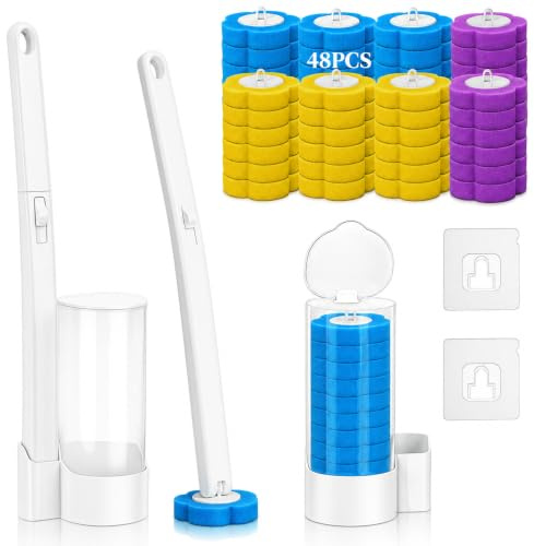 Disposable Toilet Brush 2 Pack with 48 Refill Heads | Wall mounted brush & holder with extended handle. Cleaner for toilet, sink & bathtub. Hygienic disposable heads.