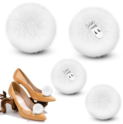 HINGTAI 4 pompones blancos para zapatos, adornos de Campanilla para zapatos de mujer, de piel de visón esponjosa y extraíble, para decoración de bodas, Halloween, disfraces, accesorios para niñas.