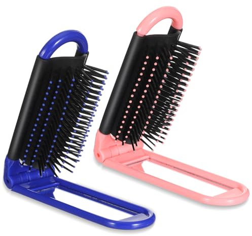 Classicseali Lot de 2 brosses à cheveux pliables avec miroir, mini brosse à cheveux pour homme et femme, outils de coiffure portables (rose, bleu)