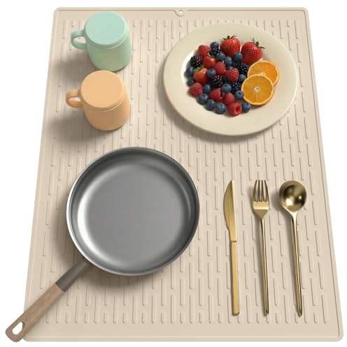 Disktorkmatta 40 x 51 cm med inbyggda spår, platt silikonmatta, värmebeständig och lätt att rengöra, multifunktionell bänkskiva/diskho (beige)