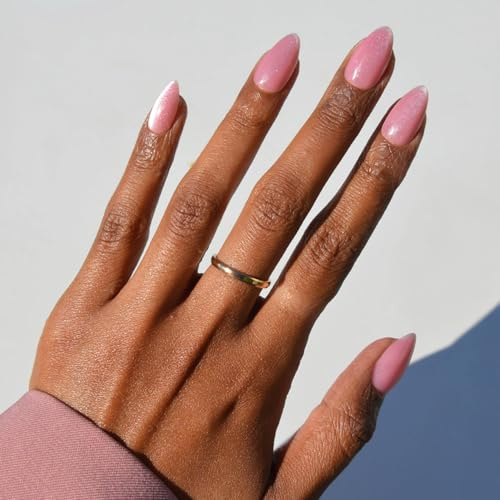 Glamnetic Press On Nails - Shine For You Spring Nails | Short Almond Fake Nails in Pink Velvet Base with Silver Tips in a Velvet Finish, Salon Quality | 15 Sizes - 30 Nail Kit with Glue