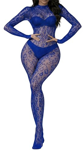 Eagerlove Body en Résille Femme Combinaison Léopard en Dentelle Body Intégral Une Pièce Lingerie en Maille pour Soirée Club Bleu Royal Taille Unique